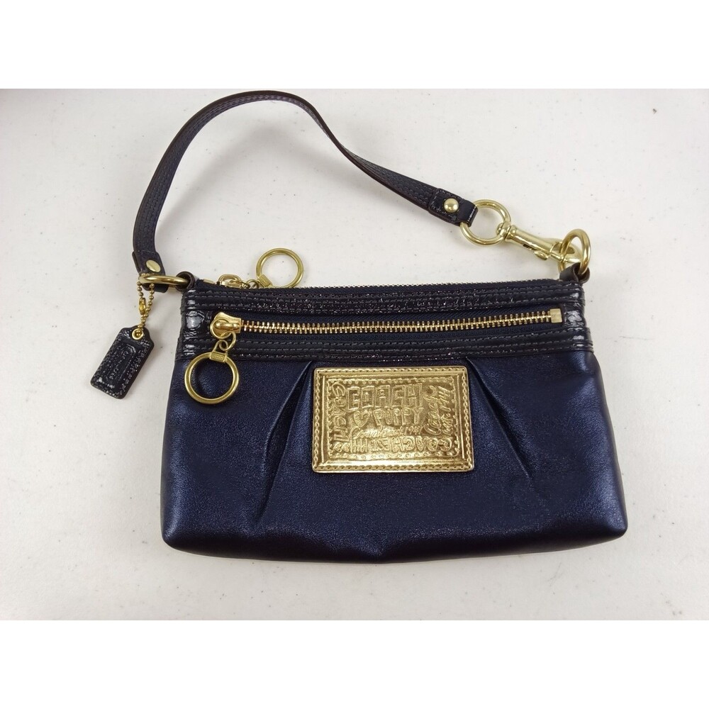 Coach Poppy Metallic Leather & Patent Leather Blue & Gold Wristlet Mini Purse